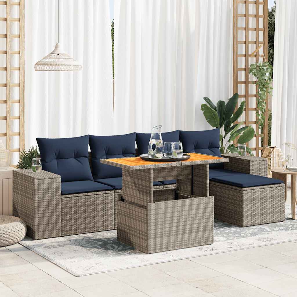 6-tlg. Garten-Sofagarnitur mit Kissen Grau Poly Rattan