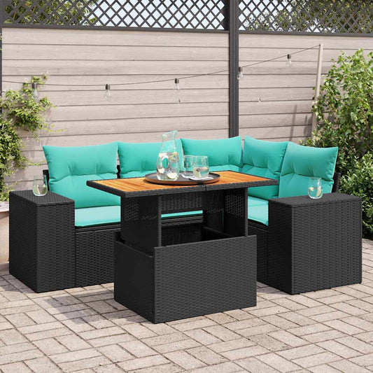 5-tlg. Garten-Sofagarnitur mit Kissen Schwarz Poly Rattan