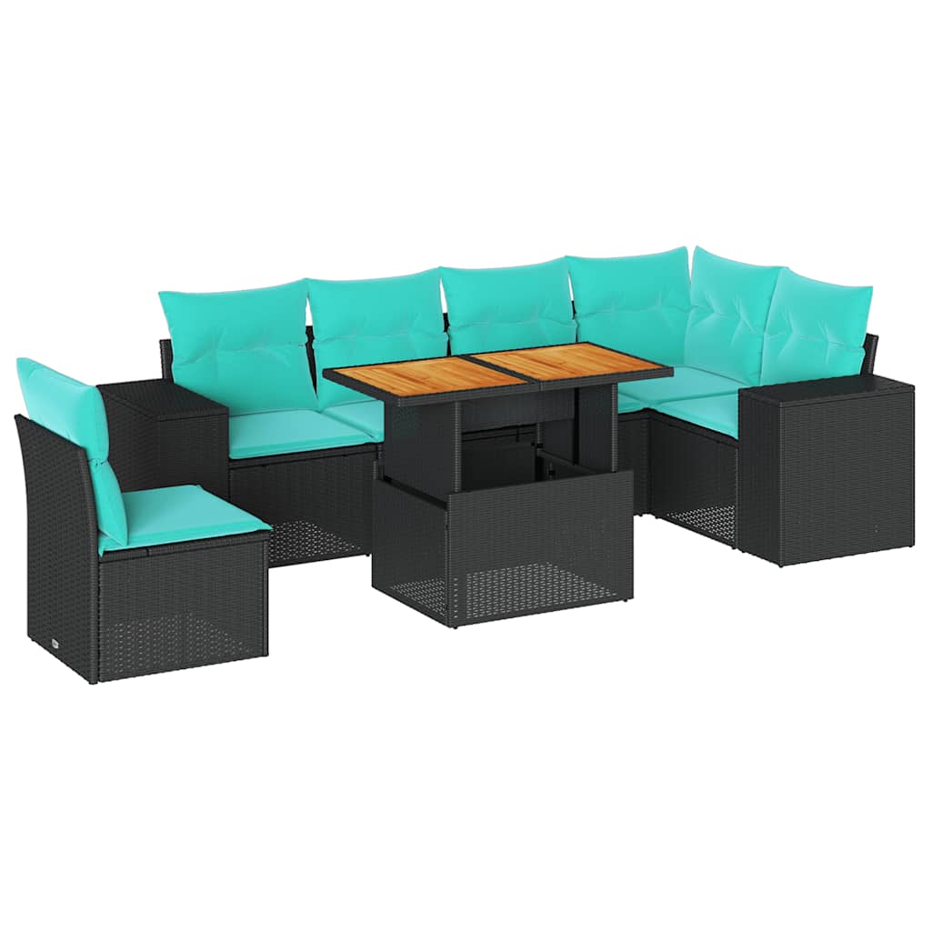 7-tlg. Garten-Sofagarnitur mit Kissen Schwarz Poly Rattan