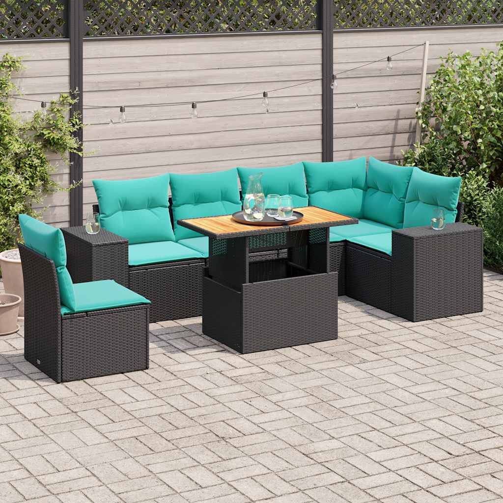 7-tlg. Garten-Sofagarnitur mit Kissen Schwarz Poly Rattan