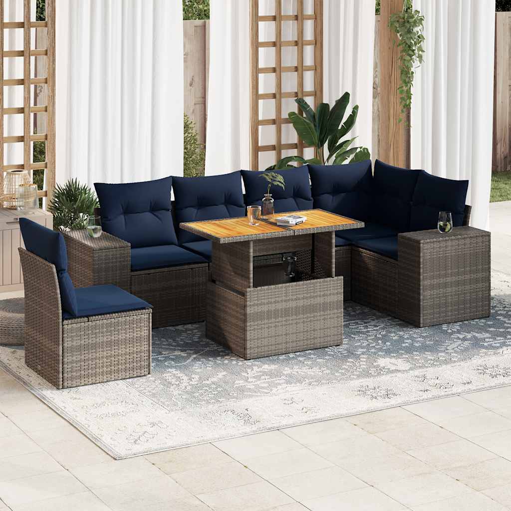 7-tlg. Garten-Sofagarnitur mit Kissen Grau Poly Rattan