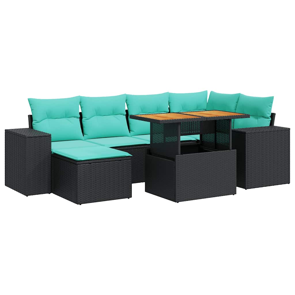 7-tlg. Garten-Sofagarnitur mit Kissen Schwarz Poly Rattan