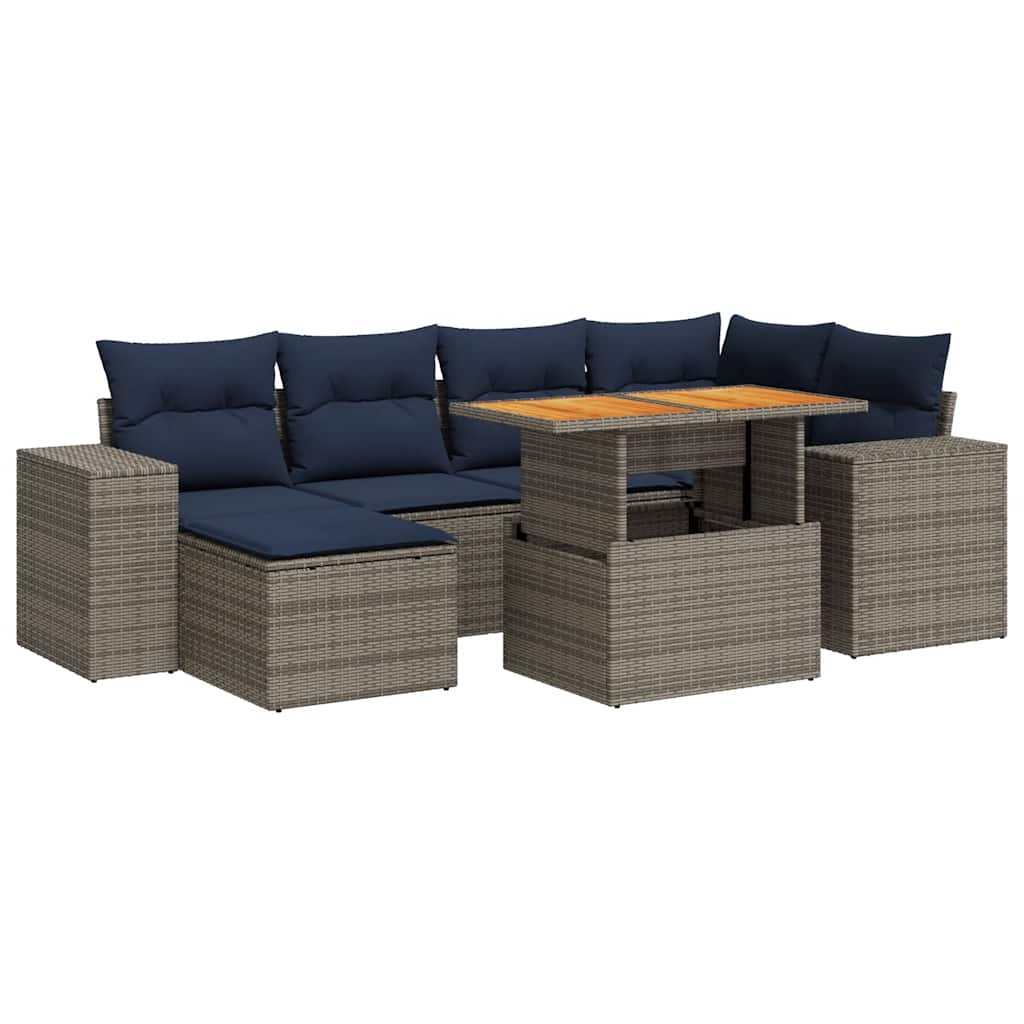 7-tlg. Garten-Sofagarnitur mit Kissen Grau Poly Rattan