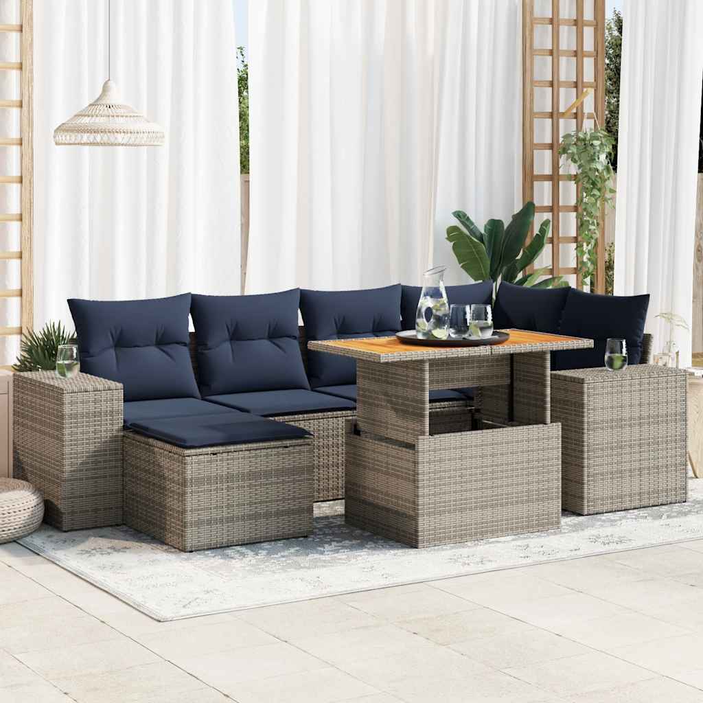 7-tlg. Garten-Sofagarnitur mit Kissen Grau Poly Rattan