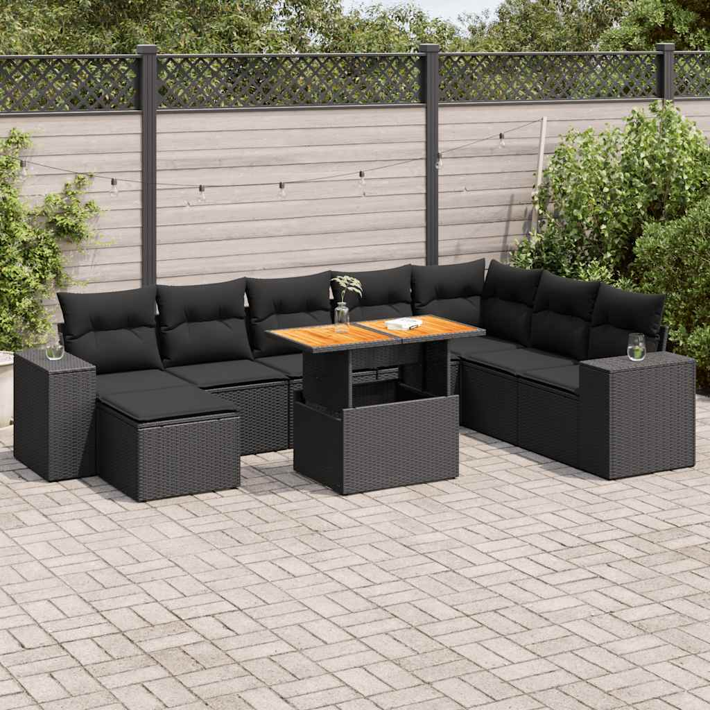 9-tlg. Garten-Sofagarnitur mit Kissen Schwarz Poly Rattan