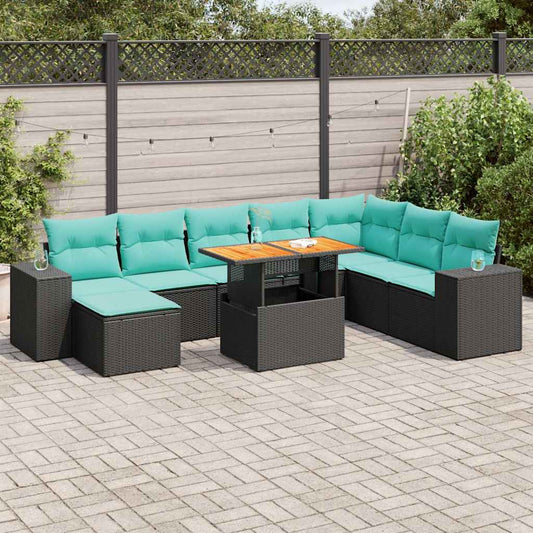 9-tlg. Garten-Sofagarnitur mit Kissen Schwarz Poly Rattan