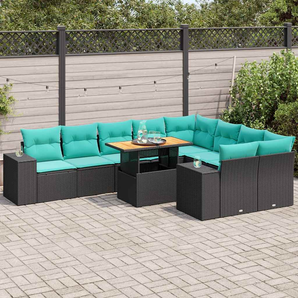 10-tlg. Garten-Sofagarnitur mit Kissen Schwarz Poly Rattan