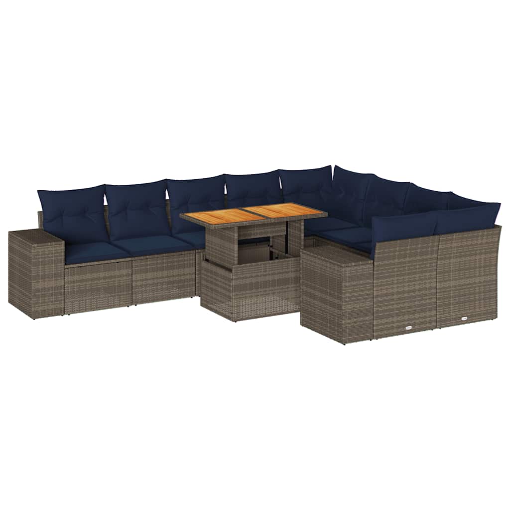 10-tlg. Garten-Sofagarnitur mit Kissen Grau Poly Rattan