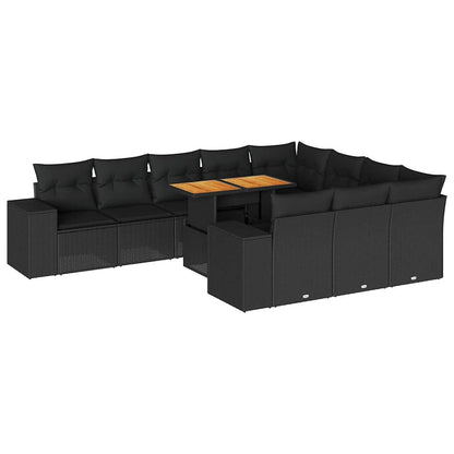 10-tlg. Garten-Sofagarnitur mit Kissen Schwarz Poly Rattan