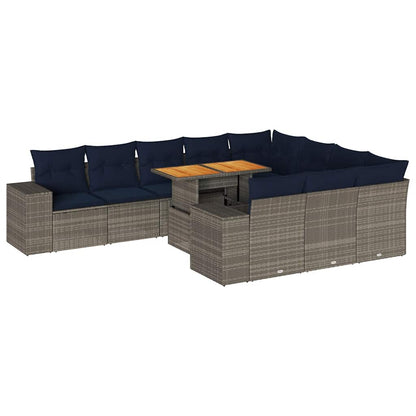 11-tlg. Garten-Sofagarnitur mit Kissen Grau Poly Rattan
