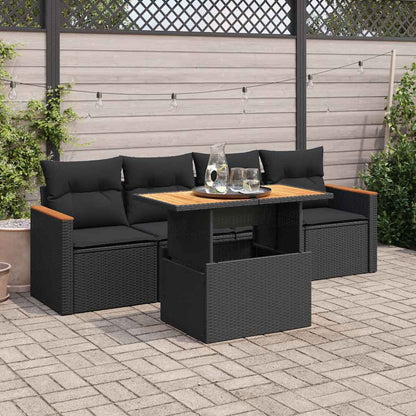 5tlg. Garten-Sofagarnitur mit Kissen Schwarz Poly Rattan Akazie