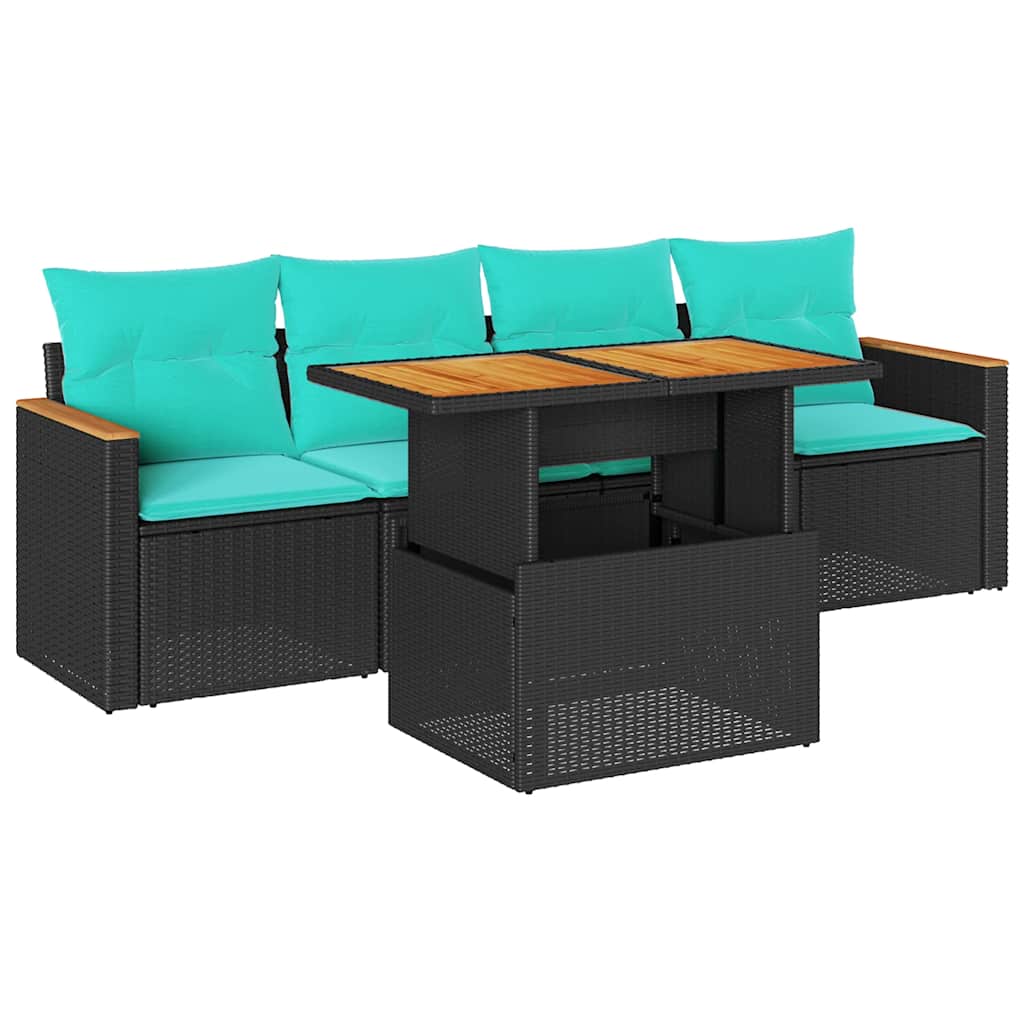 5-tlg. Garten-Sofagarnitur mit Kissen Schwarz Poly Rattan