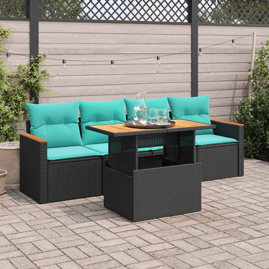 5-tlg. Garten-Sofagarnitur mit Kissen Schwarz Poly Rattan