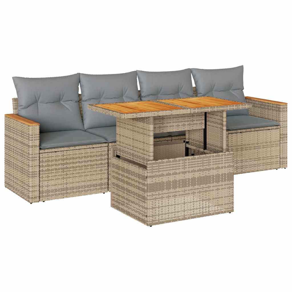 5-tlg. Garten-Sofagarnitur mit Kissen Beige Poly Rattan Akazie