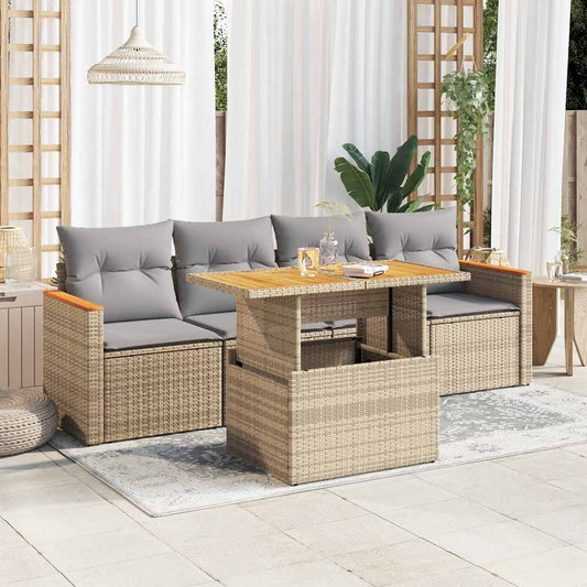5-tlg. Garten-Sofagarnitur mit Kissen Beige Poly Rattan Akazie