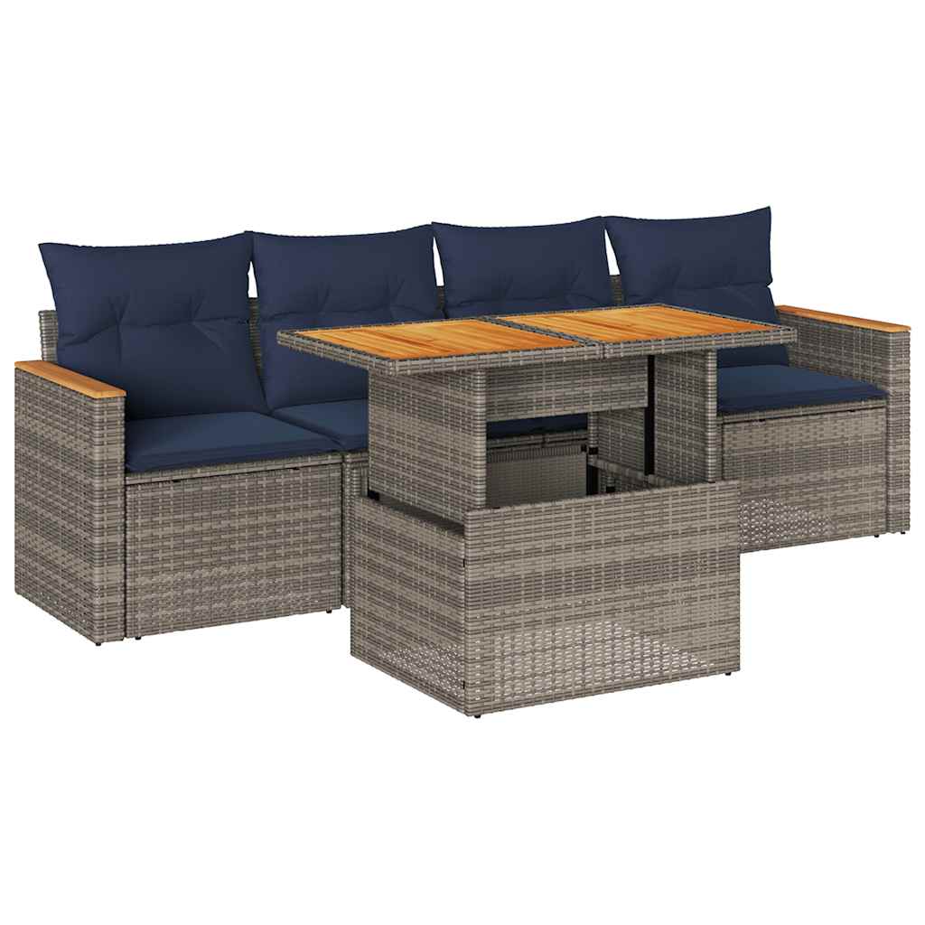5-tlg. Garten-Sofagarnitur mit Kissen Grau Poly Rattan