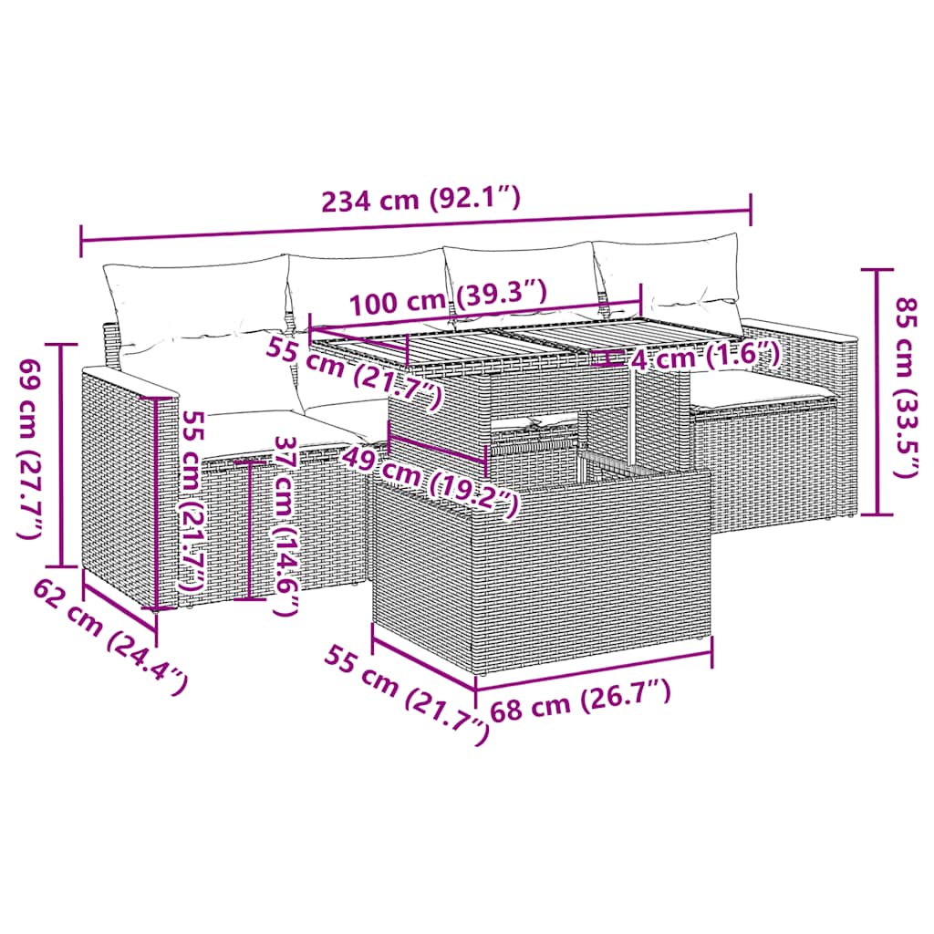 5-tlg. Garten-Sofagarnitur mit Kissen Grau Poly Rattan