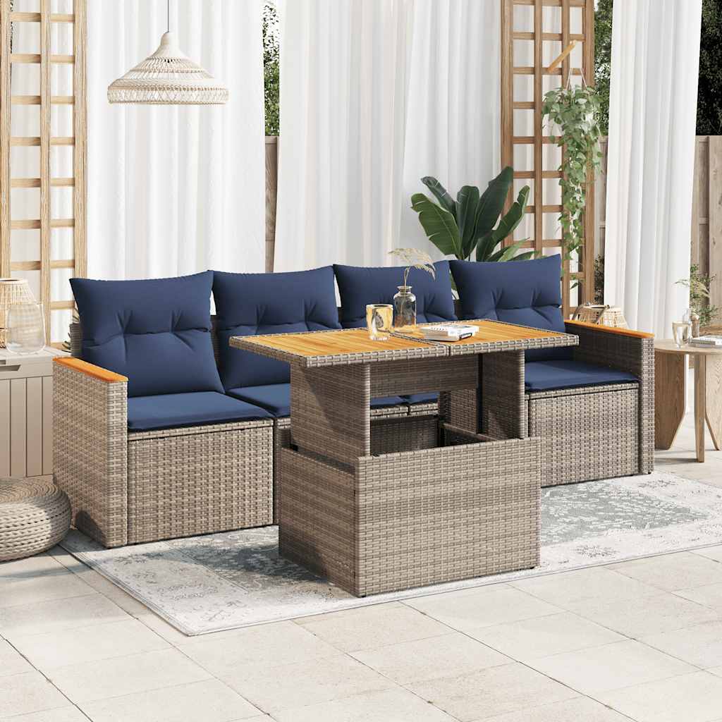 5-tlg. Garten-Sofagarnitur mit Kissen Grau Poly Rattan