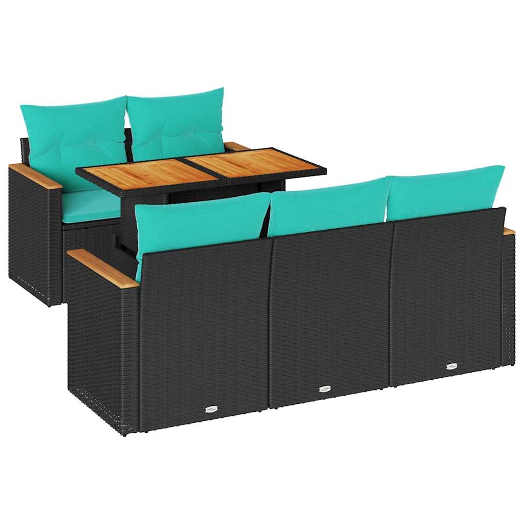 6-tlg. Garten-Sofagarnitur mit Kissen Schwarz Poly Rattan