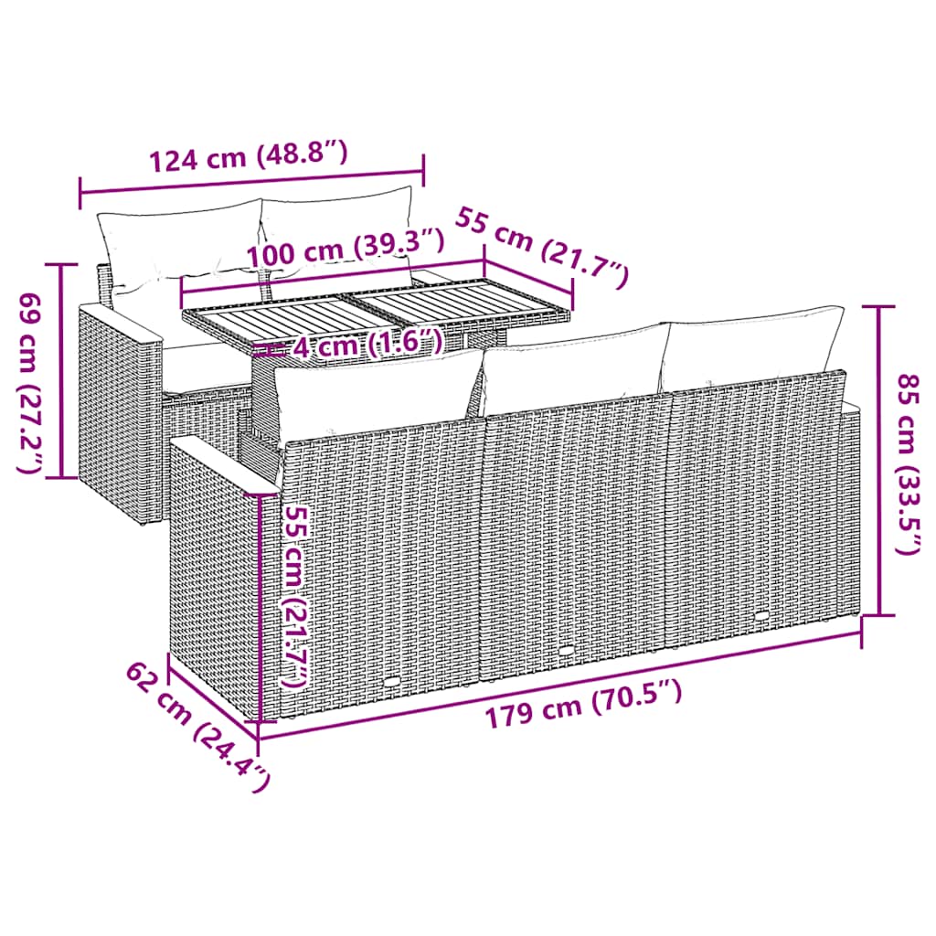6-tlg. Garten-Sofagarnitur mit Kissen Beige Poly Rattan Akazie