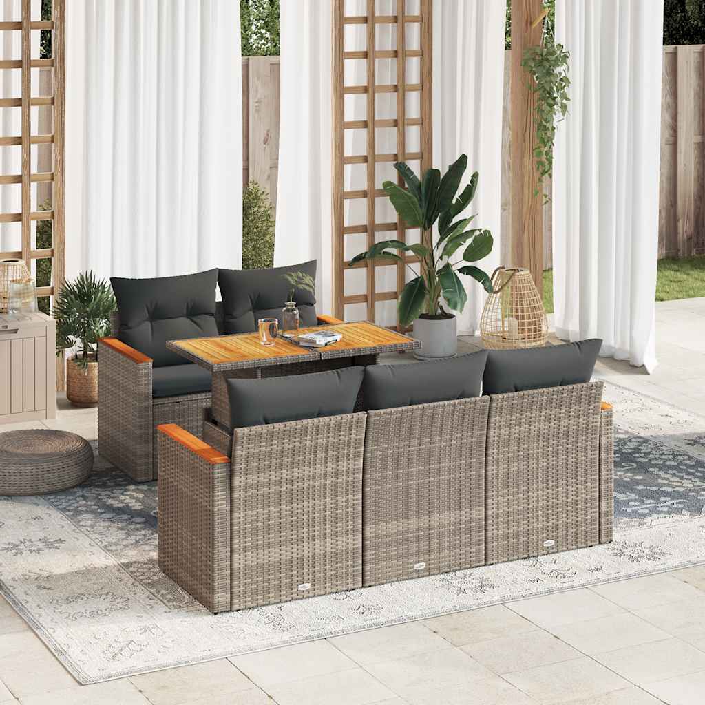 6-tlg. Garten-Sofagarnitur mit Kissen Grau Poly Rattan Akazie