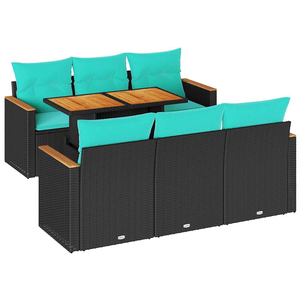 7-tlg. Garten-Sofagarnitur mit Kissen Schwarz Poly Rattan