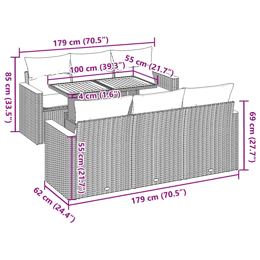 7-tlg. Garten-Sofagarnitur mit Kissen Beige Poly Rattan Akazie