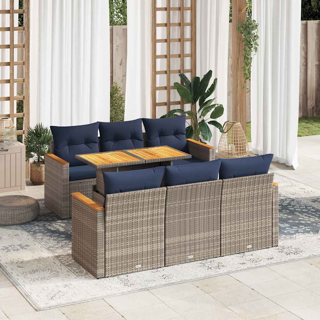 7-tlg. Garten-Sofagarnitur mit Kissen Grau Poly Rattan