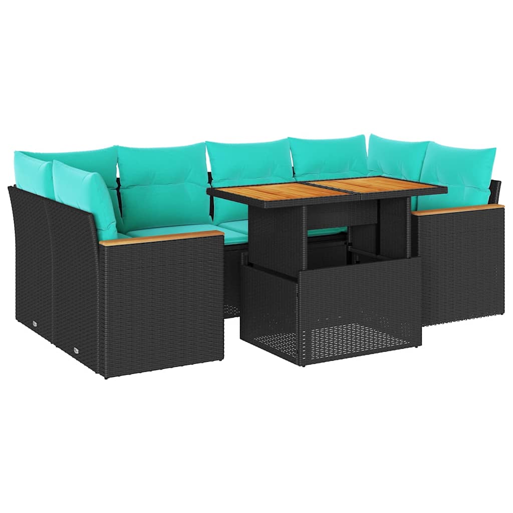 7-tlg. Garten-Sofagarnitur mit Kissen Schwarz Poly Rattan