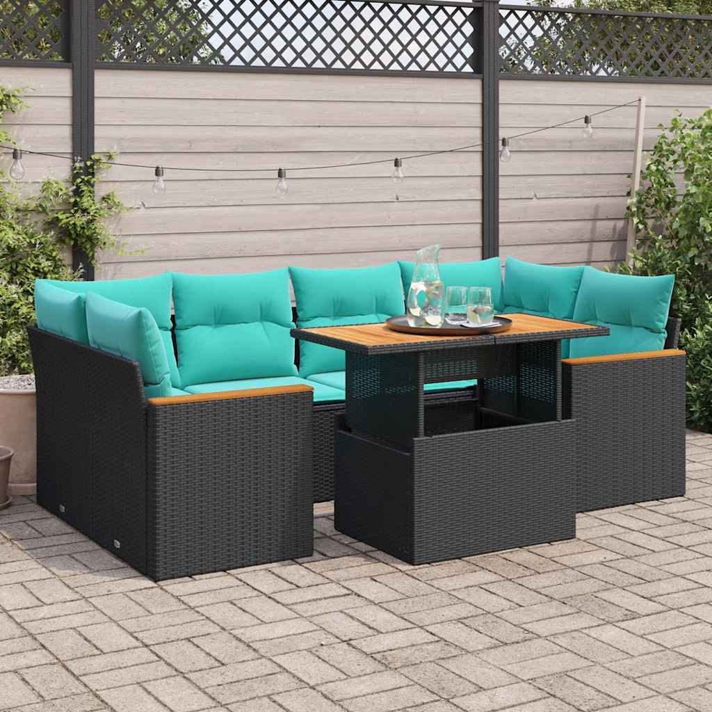 7-tlg. Garten-Sofagarnitur mit Kissen Schwarz Poly Rattan