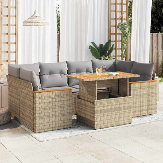 6-tlg. Garten-Sofagarnitur mit Kissen Beige Poly Rattan Akazie