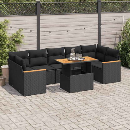 8-tlg. Garten-Sofagarnitur mit Kissen Schwarz Poly Rattan