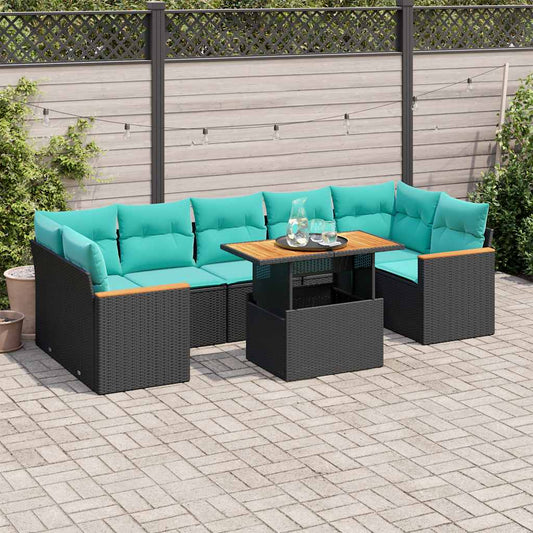 8-tlg. Garten-Sofagarnitur mit Kissen Schwarz Poly Rattan