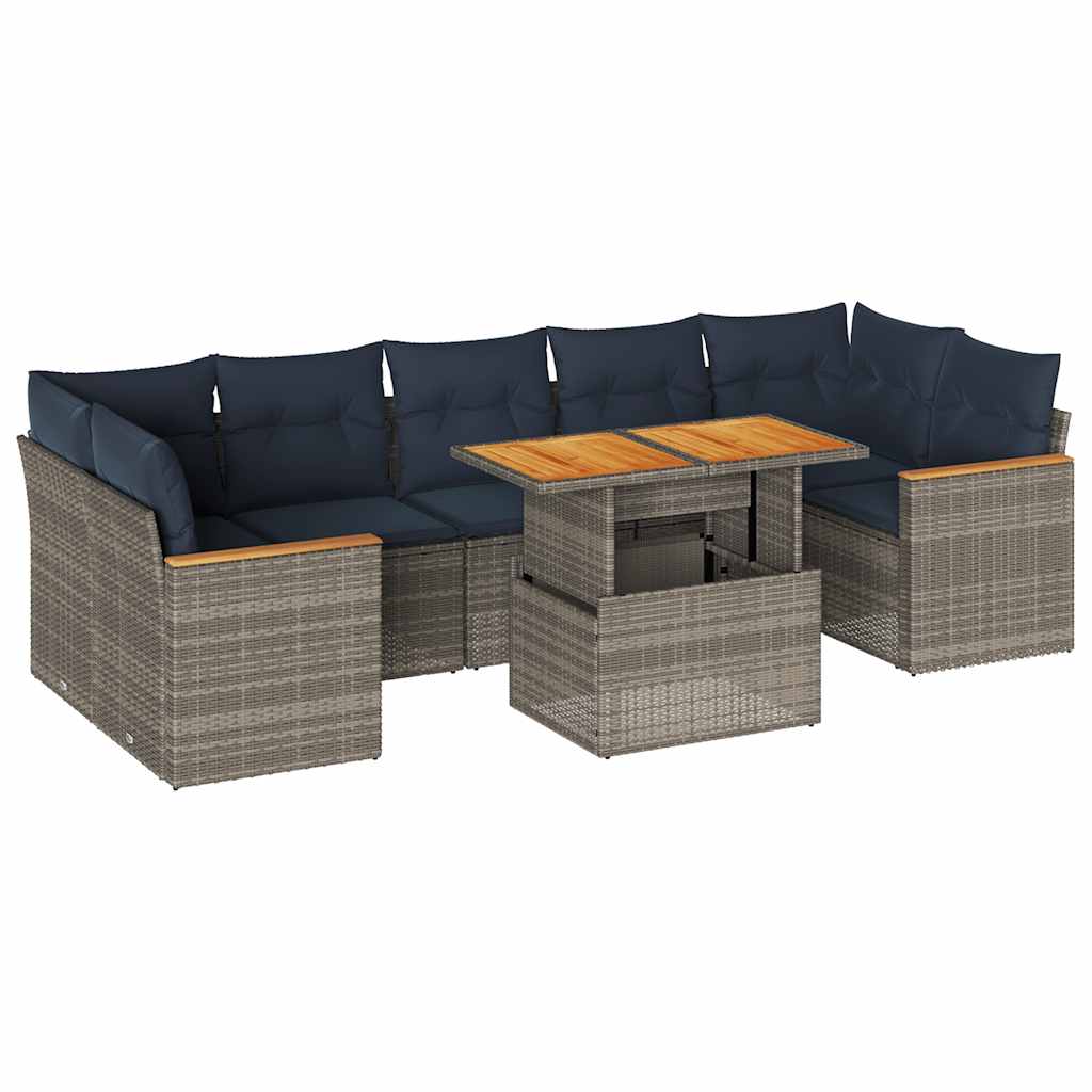 8-tlg. Garten-Sofagarnitur mit Kissen Grau Poly Rattan