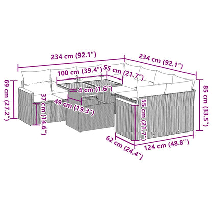 9-tlg. Garten-Sofagarnitur mit Kissen Schwarz Poly Rattan