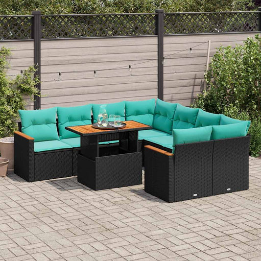 9-tlg. Garten-Sofagarnitur mit Kissen Schwarz Poly Rattan