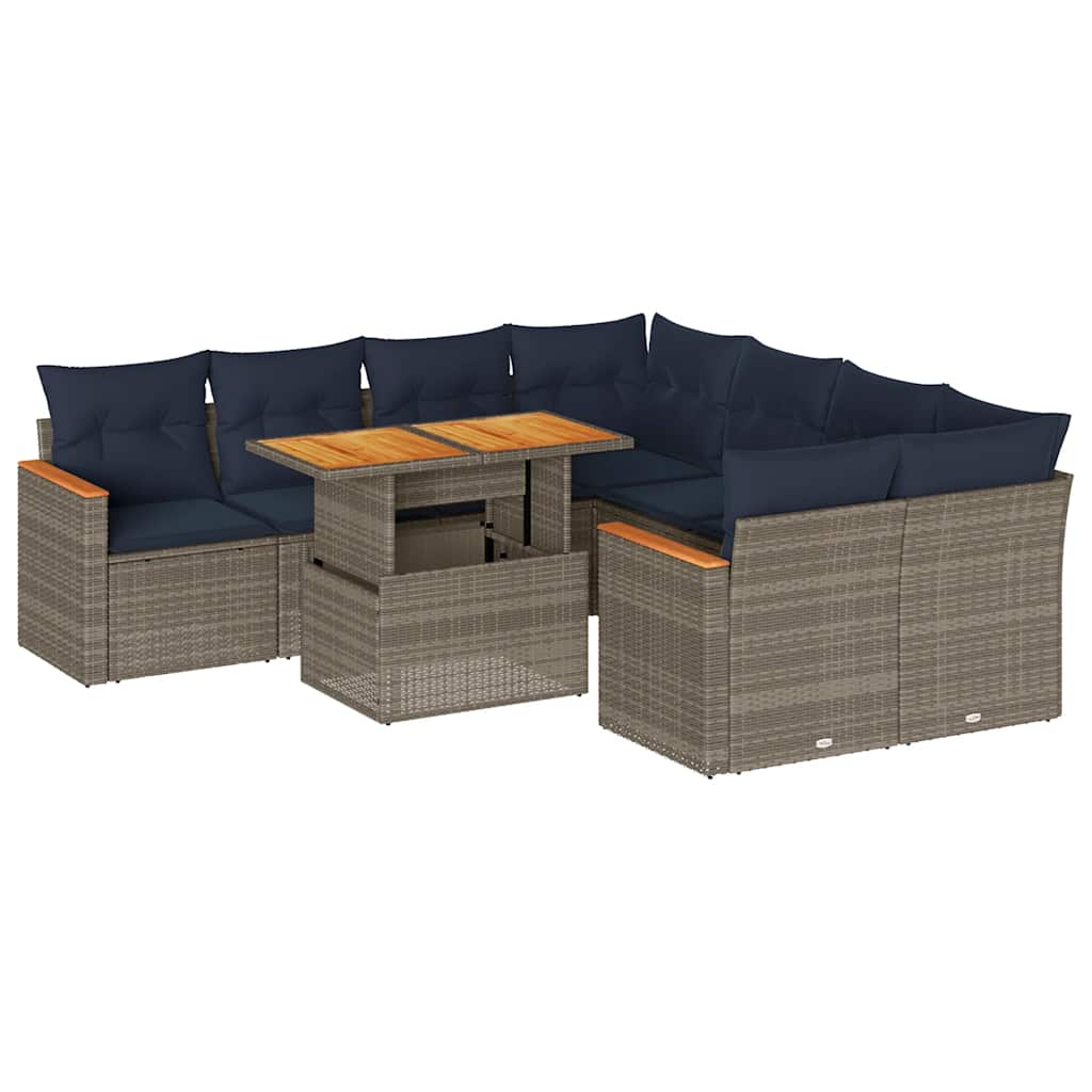 9-tlg. Garten-Sofagarnitur mit Kissen Grau Poly Rattan