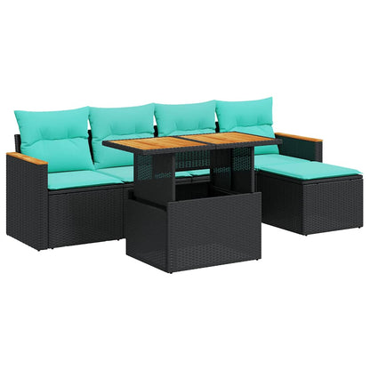 6-tlg. Garten-Sofagarnitur mit Kissen Schwarz Poly Rattan