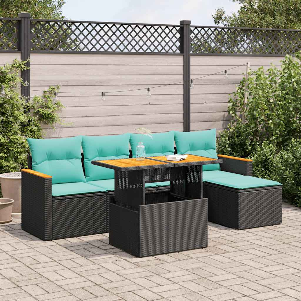 6-tlg. Garten-Sofagarnitur mit Kissen Schwarz Poly Rattan