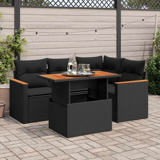 5tlg. Garten-Sofagarnitur mit Kissen Schwarz Poly Rattan Akazie