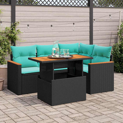 5-tlg. Garten-Sofagarnitur mit Kissen Schwarz Poly Rattan