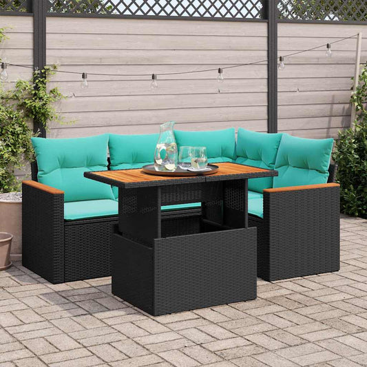 5-tlg. Garten-Sofagarnitur mit Kissen Schwarz Poly Rattan