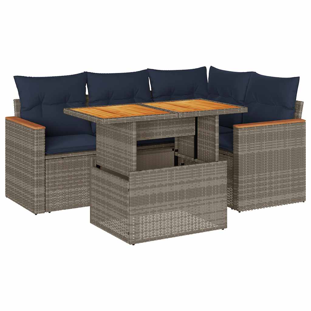 5-tlg. Garten-Sofagarnitur mit Kissen Grau Poly Rattan