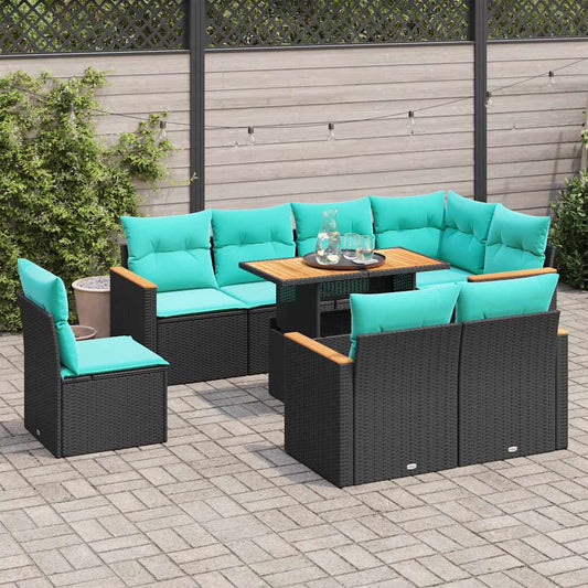 9-tlg. Garten-Sofagarnitur mit Kissen Schwarz Poly Rattan