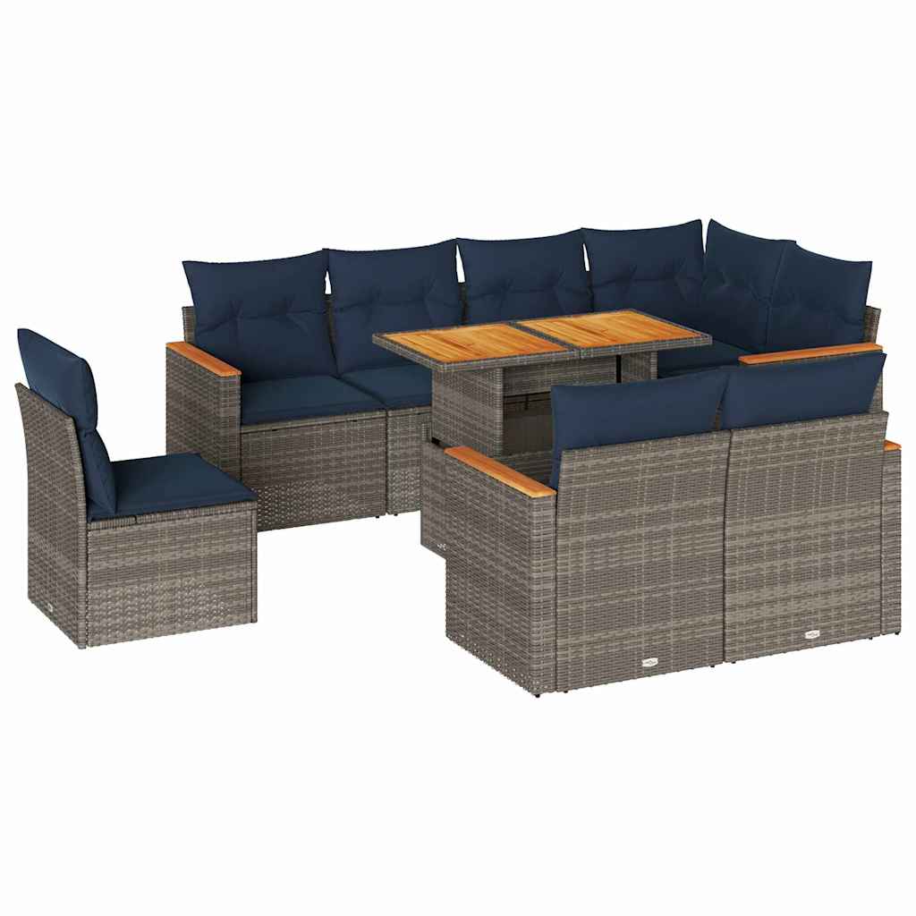 9-tlg. Garten-Sofagarnitur mit Kissen Grau Poly Rattan