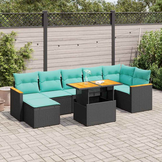 8-tlg. Garten-Sofagarnitur mit Kissen Schwarz Poly Rattan