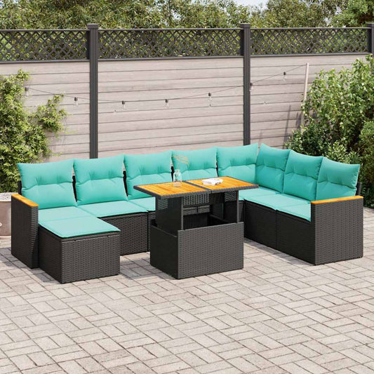 9-tlg. Garten-Sofagarnitur mit Kissen Schwarz Poly Rattan