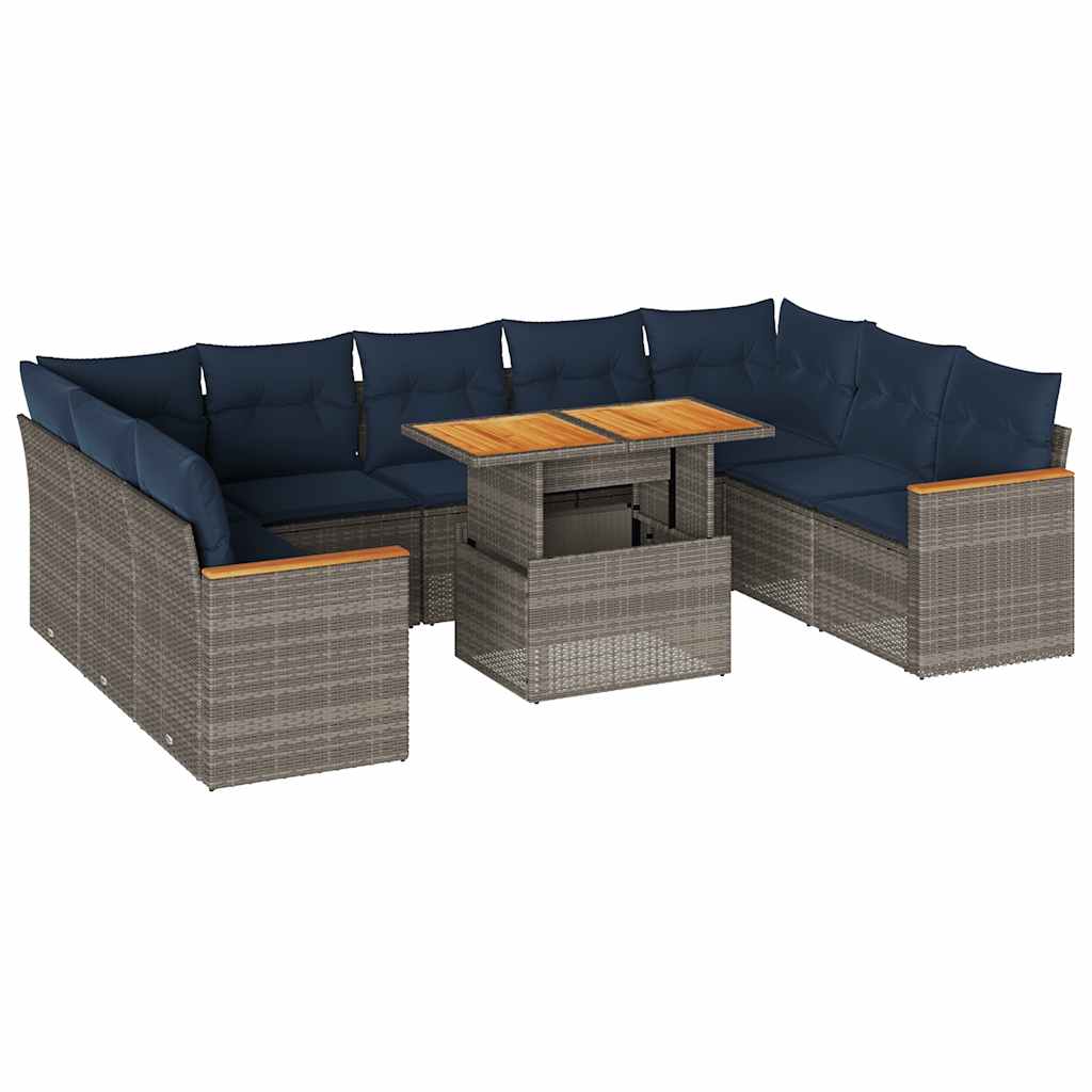 10-tlg. Garten-Sofagarnitur mit Kissen Grau Poly Rattan