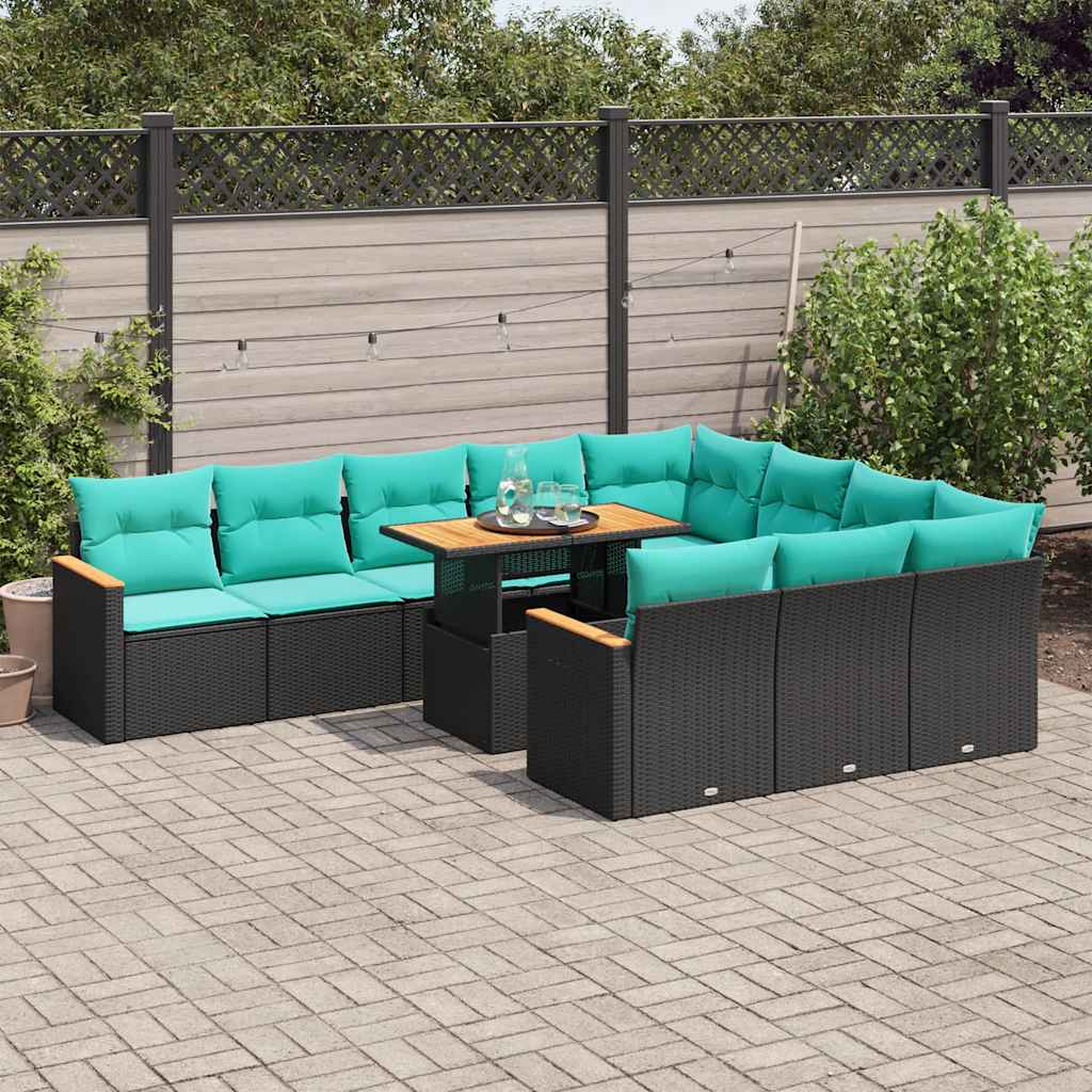 11-tlg. Garten-Sofagarnitur mit Kissen Schwarz Poly Rattan