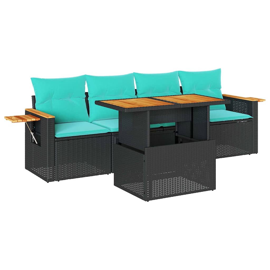5-tlg. Garten-Sofagarnitur mit Kissen Schwarz Poly Rattan